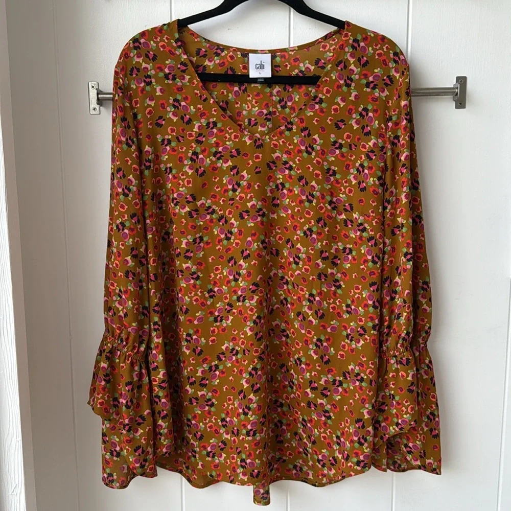 Cabi Burnished Blouse Autumn Floral Brown Orange Blouse Top Bell Sleeve 4042 - Picture 3 of 7